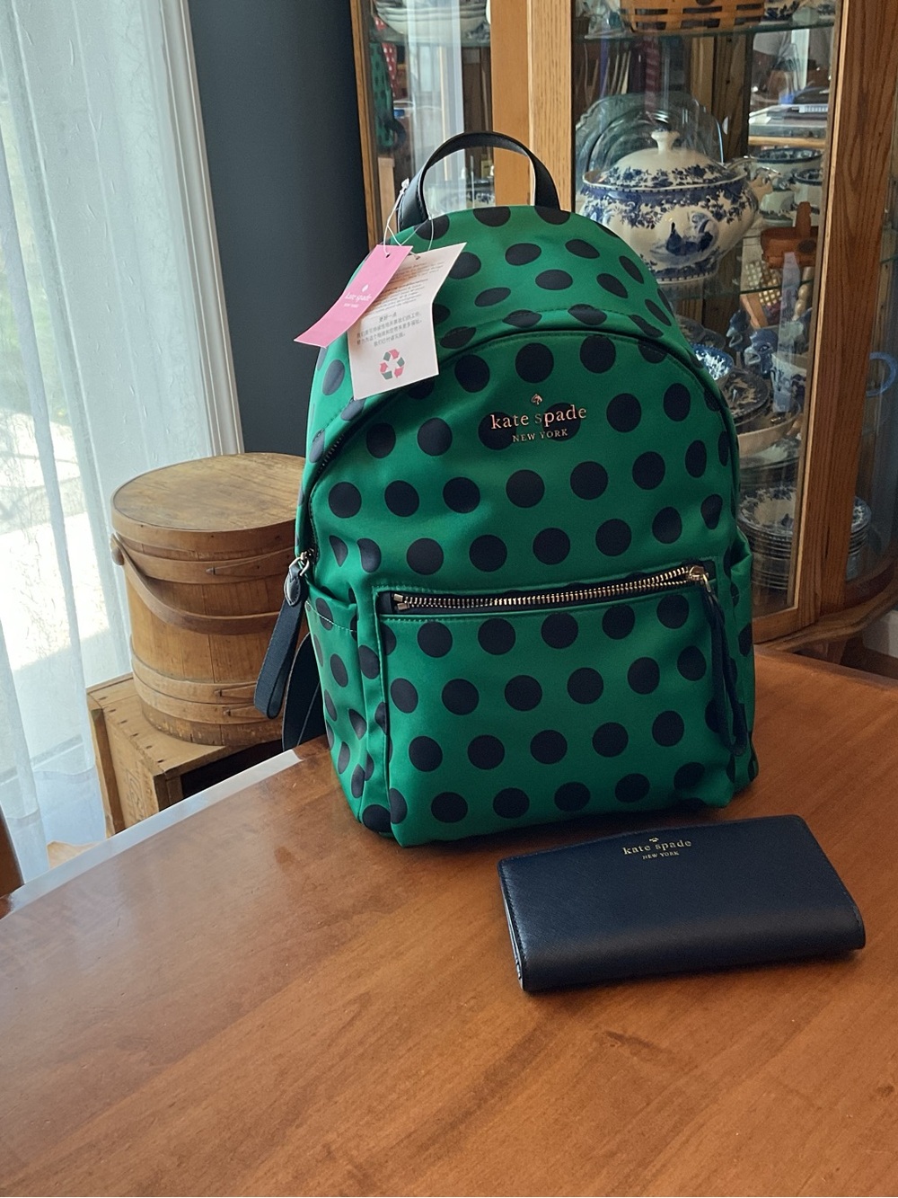 Kate Spade Green Navy Polka Dot Mini Backpack and wallet set NWT